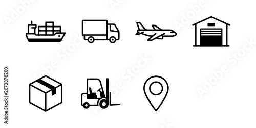 Set of logistics and shipping icons including cargo ship truck airplane warehouse package forklift and location marker on white background