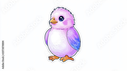 Cute cartoon chick with pastel colors, featuring pink and blue feathers, large eyes, and round body, perfect for stickers