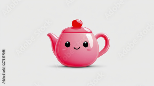 Cute pink teapot with smiling face and cherry on top, perfect for adding charm to any kitchen decor