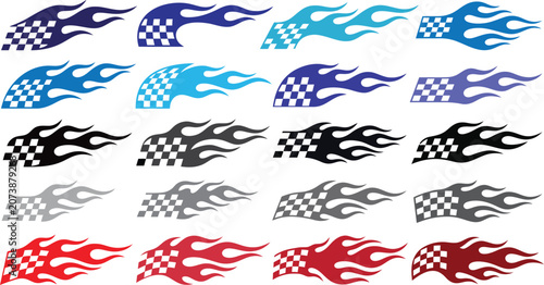 Racing flag with fire flames silhouette vector set.