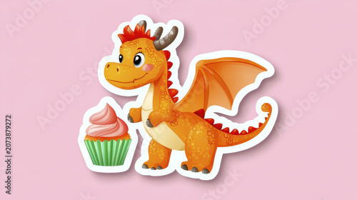 Cute dragon sticker with cupcake, colorful design, playful expression, perfect for children decor or gifts
