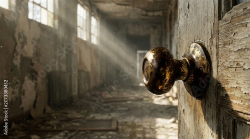 Detailed closeup of vintage brass doorknob with patina on heavily distressed wooden door frame
