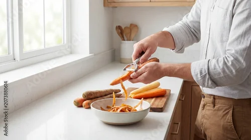 Fototapeta na wymiar Man Peeling Fresh Carrot over Ceramic Bowl on Kitchen Counter