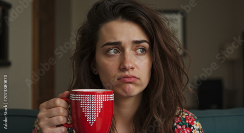 Young woman looking thoughtful while holding a red mug indoors  