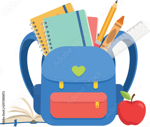 Blue backpack filled with school supplies and an against a white background vector illustration