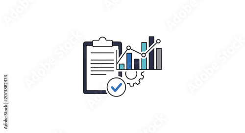 Audit clipboard with business charts and gear icon.