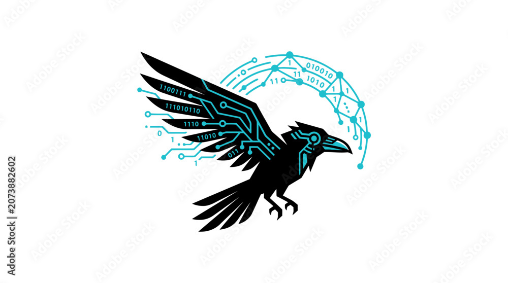 Naklejka premium Black crow flying with digital network and data globe.