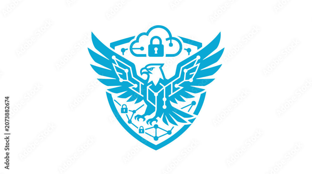 Obraz premium Blue eagle shield logo with cloud and security lock.