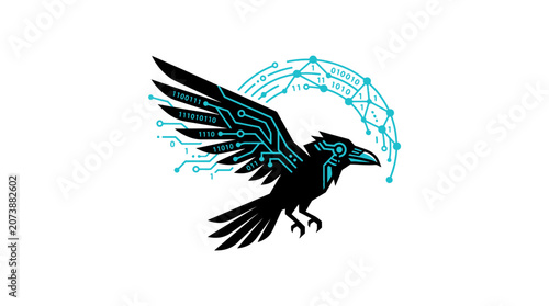 Black crow flying with digital network and data globe.