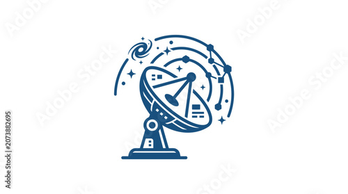 Blue satellite dish icon with cosmic galaxy connection lines.