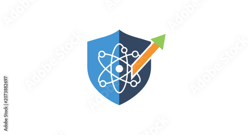 Blue shield icon with atom symbol and upward arrow.