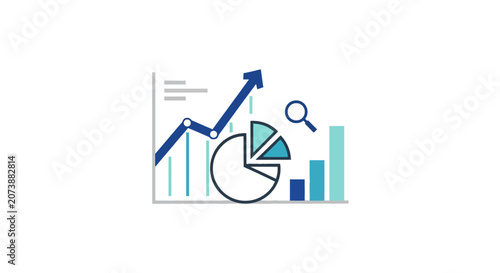Business data analytics charts and magnifying glass icon
