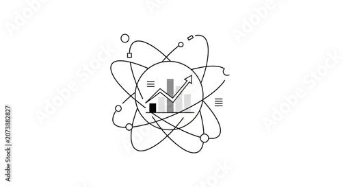 Business data charts inside atomic orbit icon.