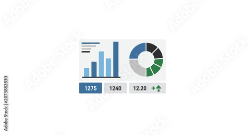 Business data dashboard with bar and pie charts.