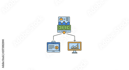 Business data distribution flowchart with monitor icons.