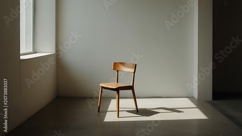 A minimalist product photography composition featuring a single wooden chair in a room with natural light.