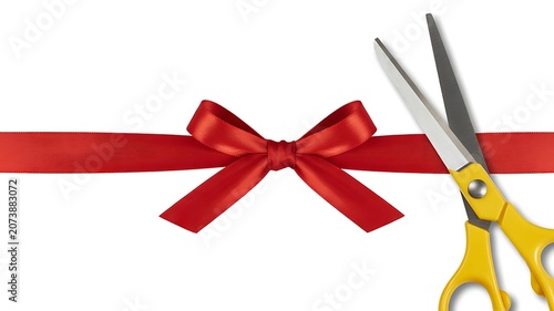 A minimalist still life illustration of scissors cutting a red ribbon