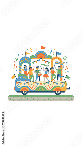 Joyful People Celebrating on a Colorful Carnival Parade Float with Confetti