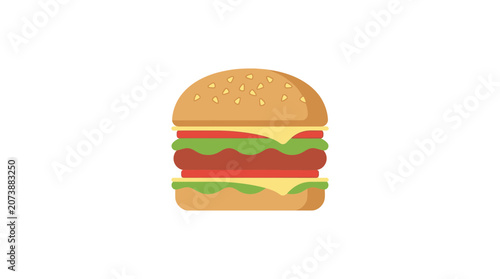 Minimalist Flat Design Illustration of a Delicious Beef Burger Isolated on White Background