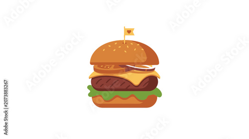 Minimalist Flat Vector Illustration of a Delicious Beef Hamburger with Cheese