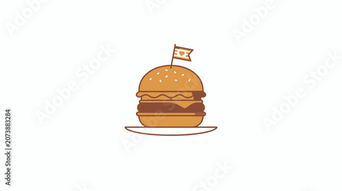 Minimalist flat vector illustration of a delicious hamburger with a small flag on a plate