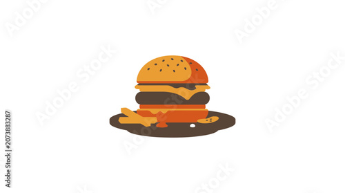 Minimalist Flat Vector Illustration of a Hamburger with French Fries on a Plate