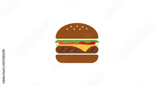 Minimalist flat vector illustration of a delicious hamburger with cheese and lettuce