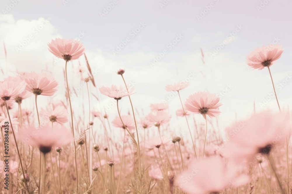 Fototapeta premium Pink flowers in a field sky grassland outdoors.