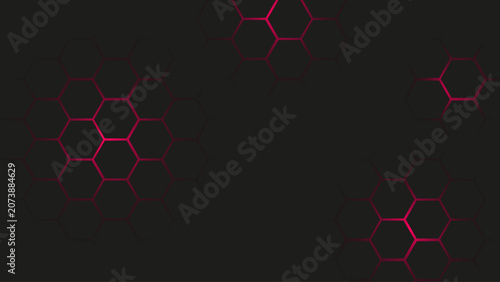 Neon Pink Hexagon Background on Dark with Futuristic Honeycomb Technology Pattern. Cyber Style Honeycomb Hexagon Background with Pink Glowing Geometric Pattern.