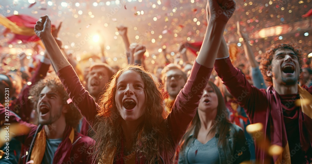 Obraz premium Happy concert crowd cheering with confetti and raised hands