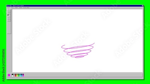 Retro Computer Screen Drawing a 3D Purple Spiral Sphere in Classic Paint Program with Green Screen Background
