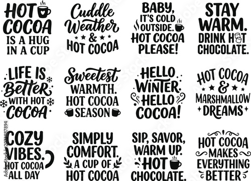Winter hot cocoa quotes and cozy hand lettered typography collection