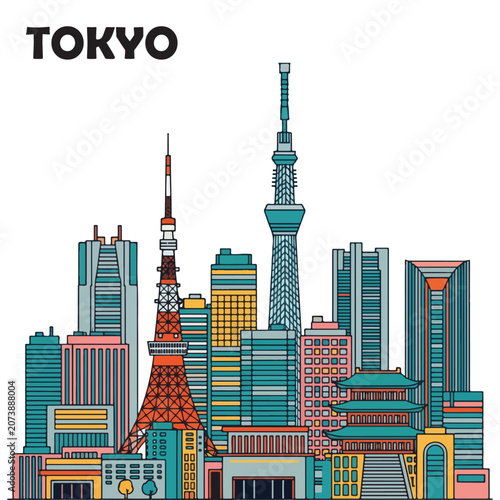 Tokyo city skyline vector illustration featuring famous skyscrapers and landmarks.
