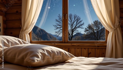 Cozy Rustic Bedroom with Starlit Night Outside