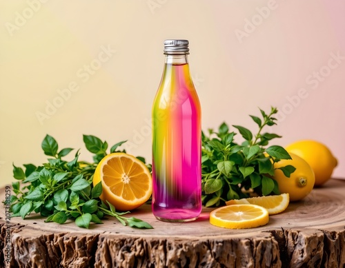 Vibrant Water Bottle with Fresh Herbs and Citrus Rustic Surface