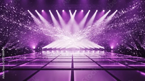 Empty stage with purple spotlights and hazy smoke effects