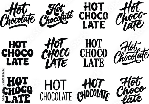Hot chocolate hand lettering set with various typographic styles