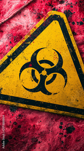 Biohazard Warning Sign: A weathered yellow biohazard symbol on a black background, set against a backdrop of a distressed, blood-like red pattern.