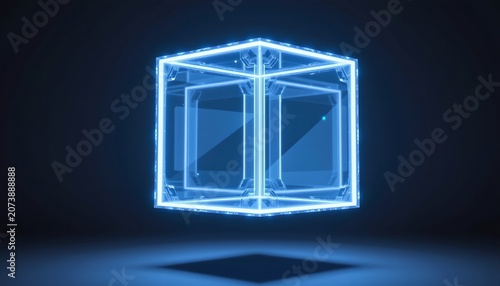 Floating Blue Glass Cube Futuristic Minimal Scene
