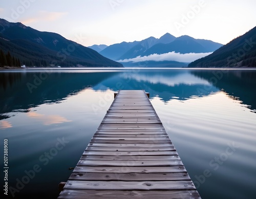 Serene Lakeside Dock Dawn with Misty Mountains