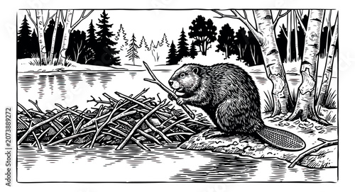 Cuadro en lienzo Vintage beaver illustration in woodcut style, wild beaver building a dam with st