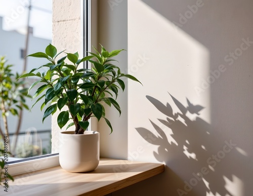 Serene Indoor Scene with Green Houseplant Sunlit Window