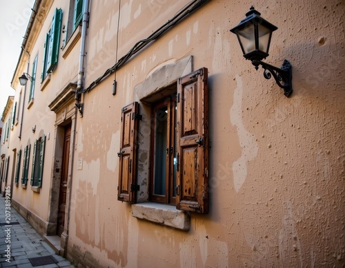 Sunlit Vintage Building Facade with Rustic Shutters