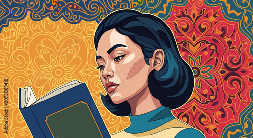 Woman Reading Book with Dark Hair.