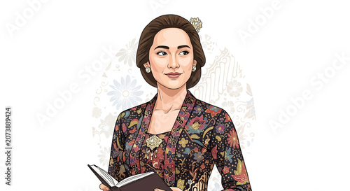 Woman Reading Book with Floral Dress.