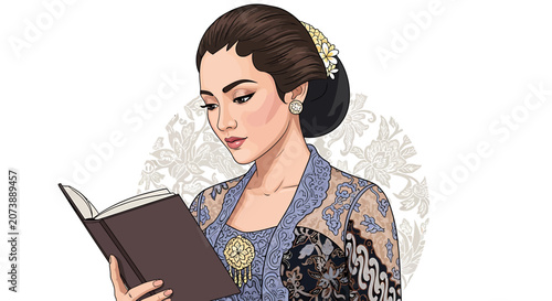 Woman Reading Book with Focused Expression.