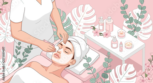 Woman receiving facial treatment at spa.