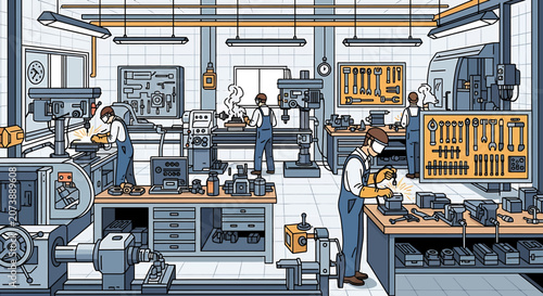 Workers in an industrial machine shop.