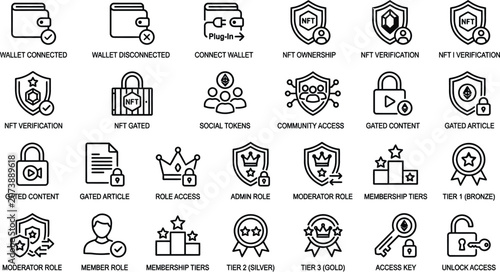 Tableau sur toile Vector line icon set of play to earn crypto gaming token rewards game character