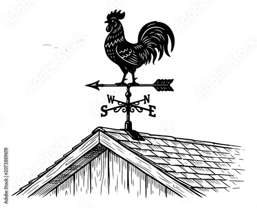 Billede på lærred Vintage rooster weather vane on wooden barn roof, rustic farmhouse wind vane vec